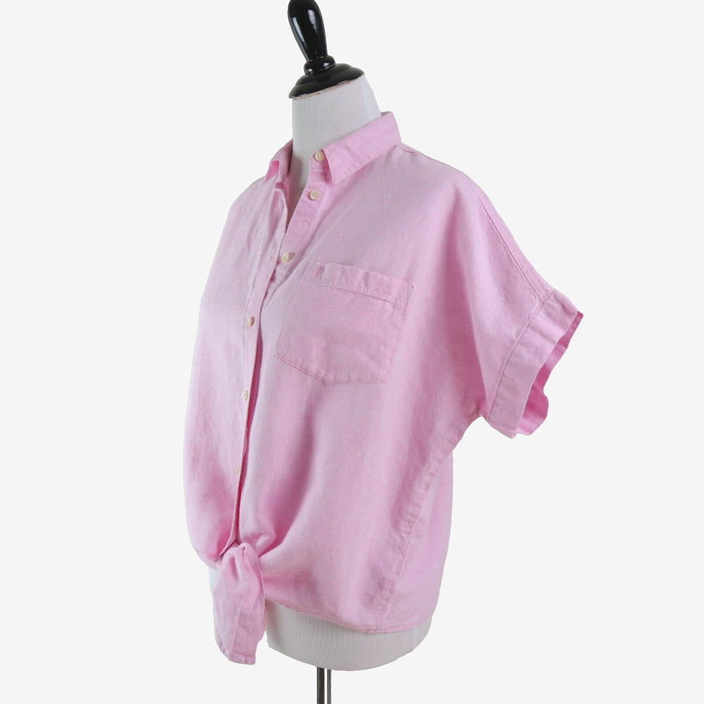 Madewell Size S Linen Blend Tie Front Button Down Shirt Paris Pink